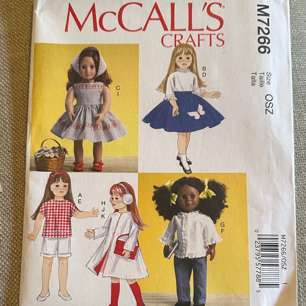 McCall's Crafts Doll Clothing Pattern #M7266, new and uncut